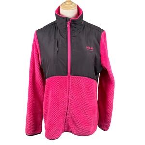 Fila Sport Cloud Peak L Full Zip Jacket Pink Grey Fleece Faux Fur Colorblock EUC